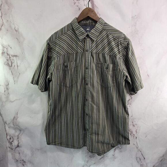 REI Shirt Mens Large Brown Striped Button Up Short Sleeve Vintage Cotton - Picture 1 of 9